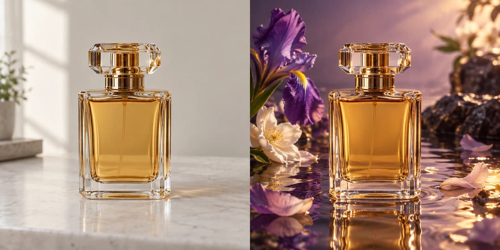 Illustrative perfume bottle before and after floral styling, shallow water, and layered advertising light
